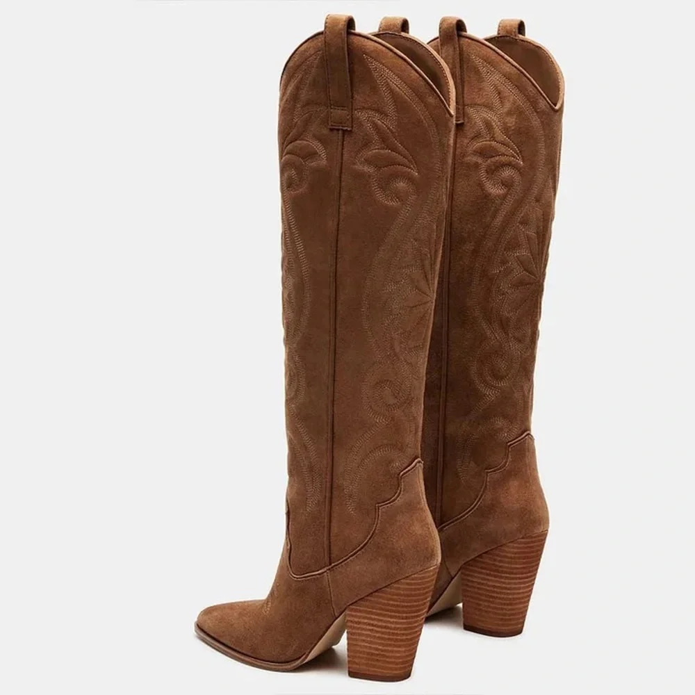 Steve Madden Lasso Pointed Toe Chunky Heel Knee-high Brown Cowboy Boots 8 - Picture 6 of 15